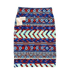 LuLaRoe Geometric Aztec Design Stretchy Pencil Skirt Blue, Orange, Red, Mint. M